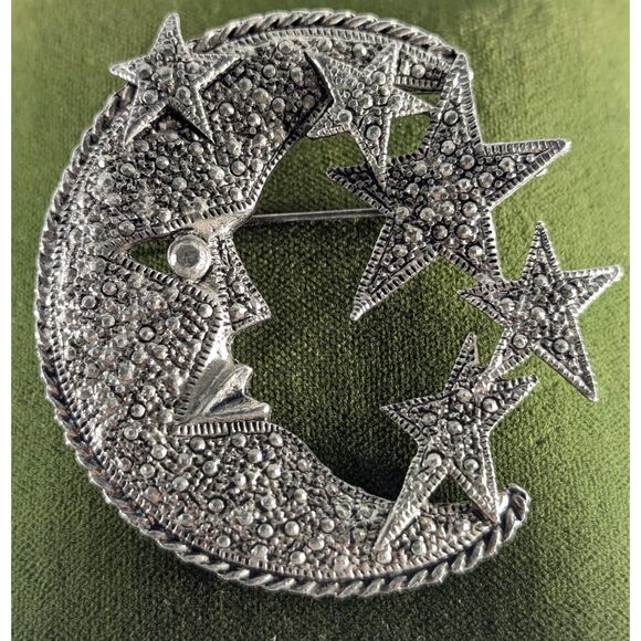 Vintage Silver Tone Crescent Moon and Stars - Picture 1 of 7